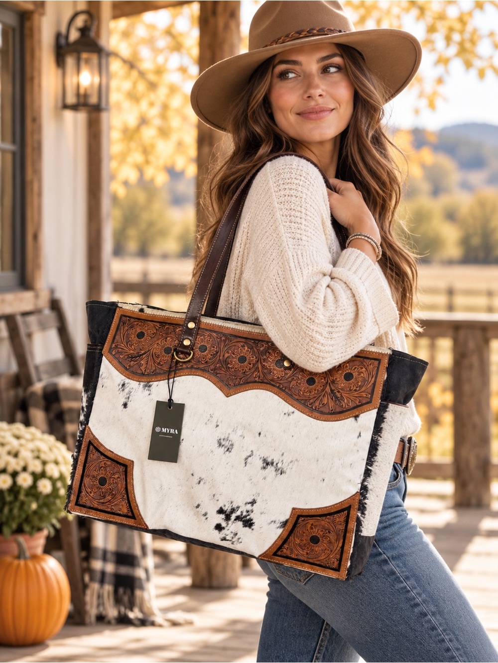 Myra Hair-On Hide Weekender XL Tooled Leather Western Travel Bag NWT